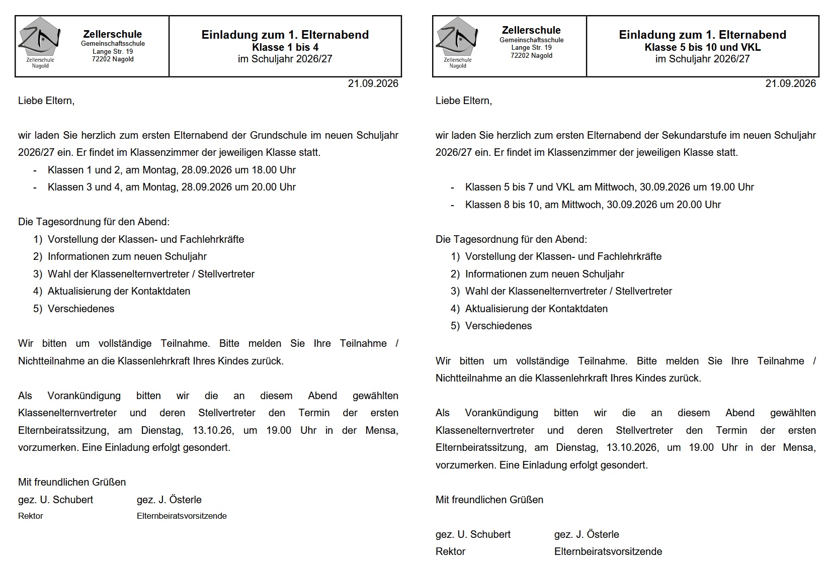 Einladung Elternabend