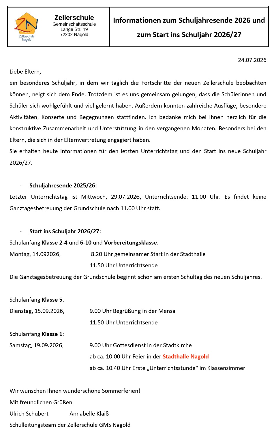 Informationen zum Schuljahresende